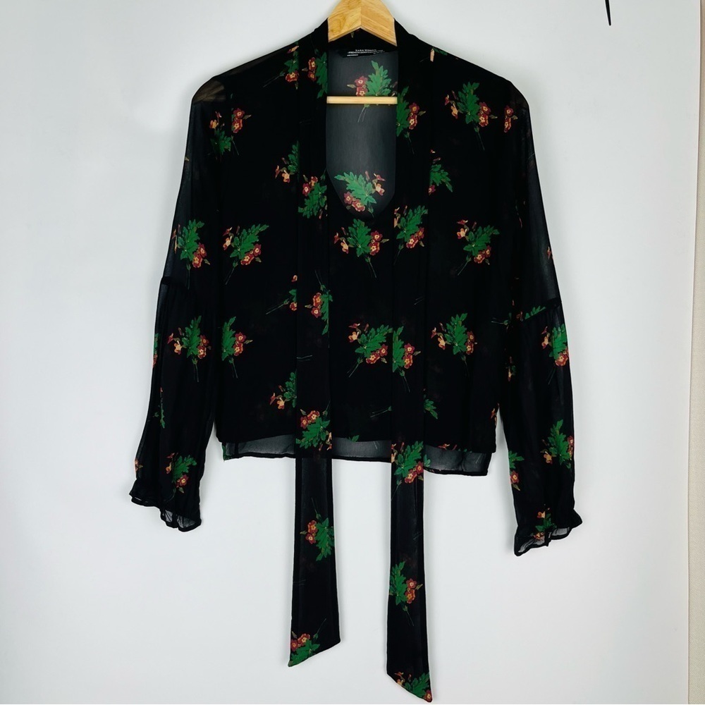 Zara Black Sheer Floral Blouse With Tie Detail